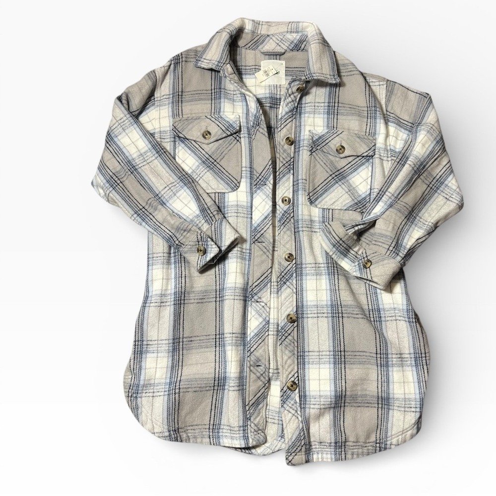 NWT Aerie Plaid Shacket Jacket Cream Blue Gray Large Oversized Cozy Heavyweight